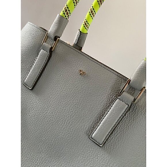 Anya Hindmarch Small Ebury Leather Tote Bag Light Blue Gray Neon Cord Handles - Picture 3 of 16
